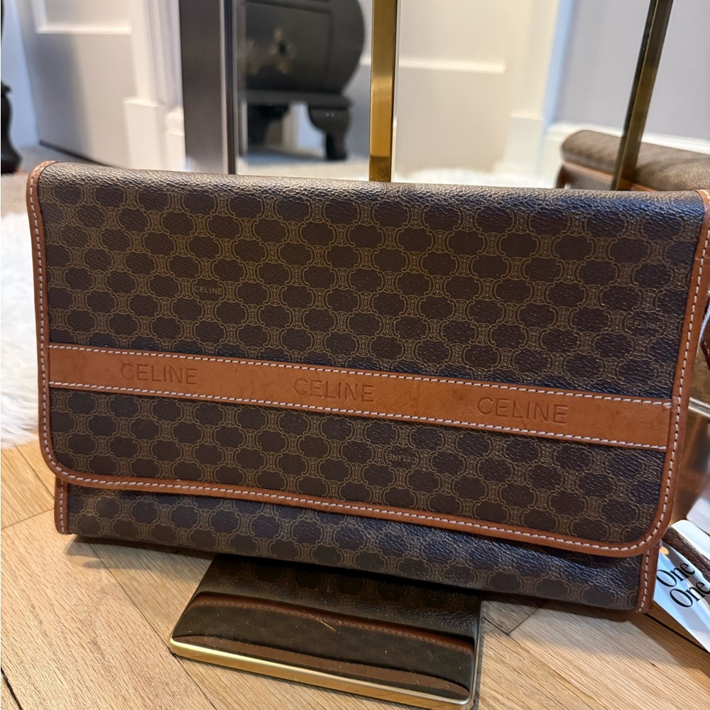Celine Brown and Tan Leather Logo Bag - Picture 2 of 11